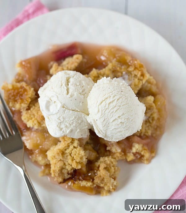 Close-up of Rhubarb-Ginger Crumble with golden topping