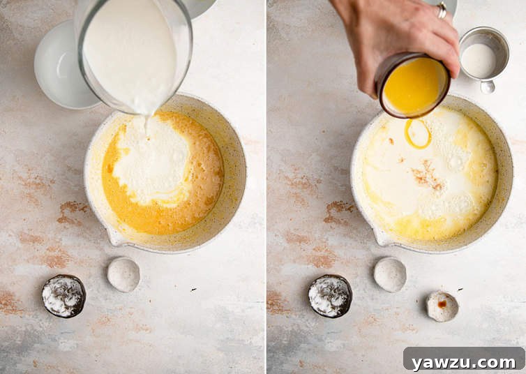 Completing mixing buttermilk pie filling.