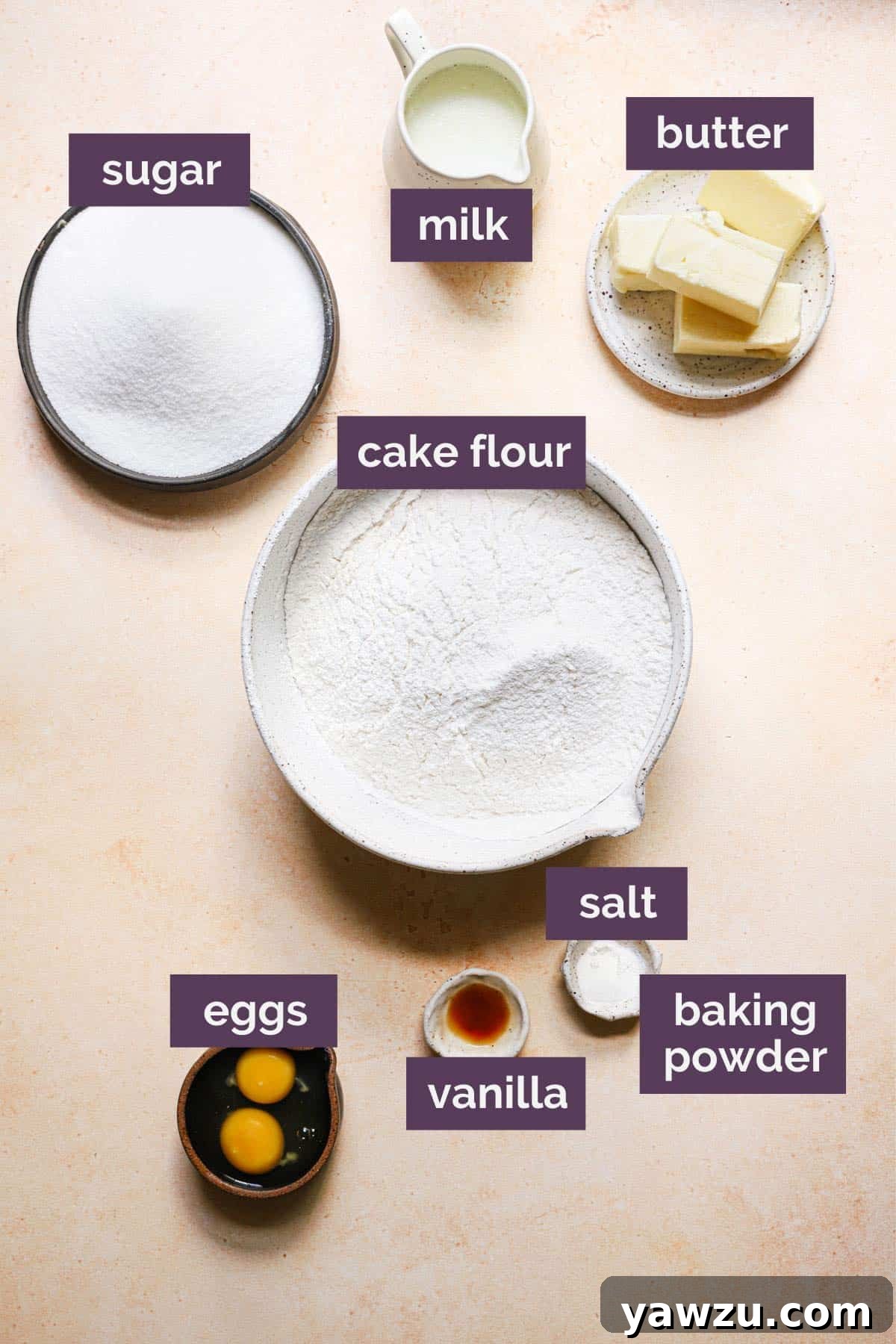 Ingredients for the cookies with purple labels for each ingredient.