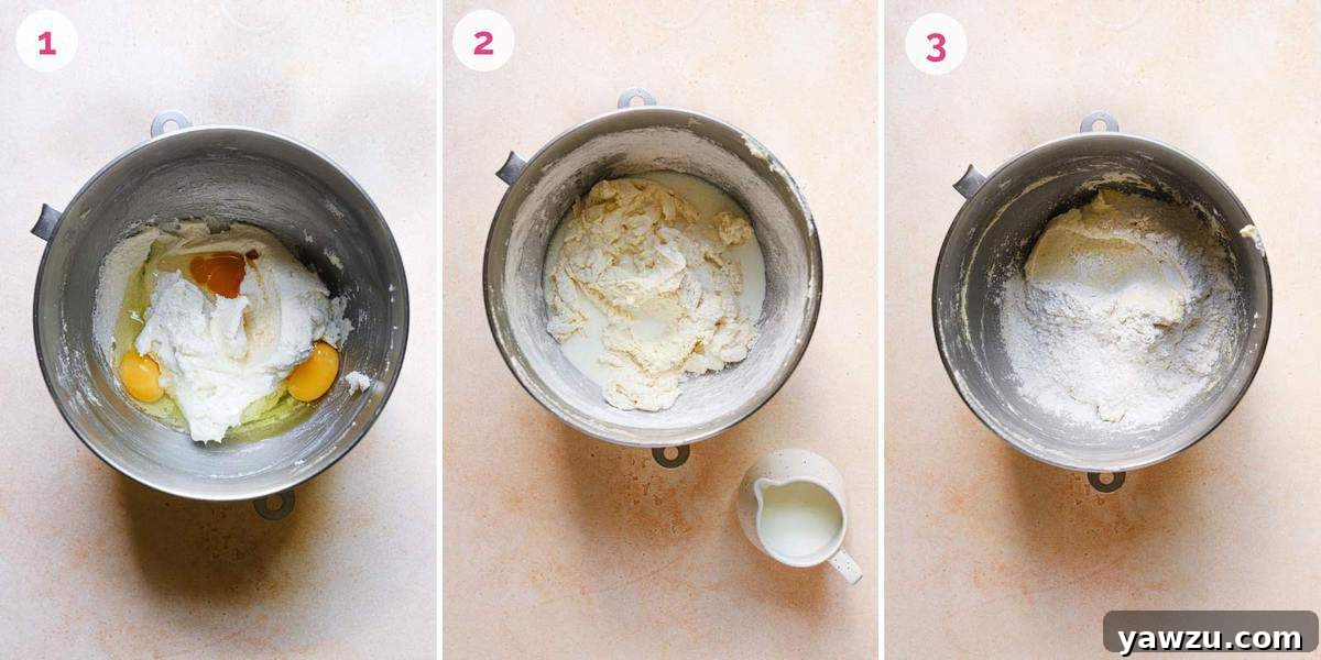 Three side by side photos showing the steps to make the cookie dough in a mixing bowl.
