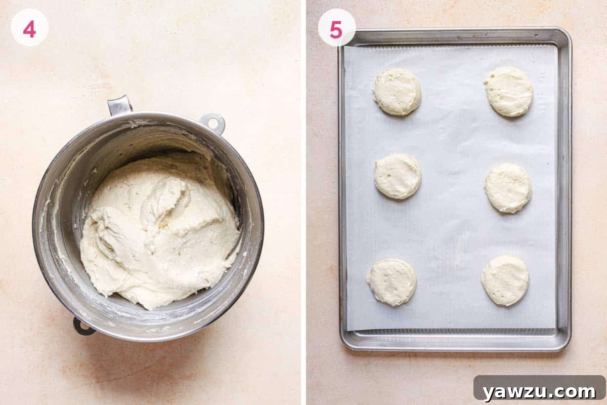 Two side by side photos showing the cookie dough in a mixing bowl on the left and the cookies on a parchment paper lined cookie sheet on the right.