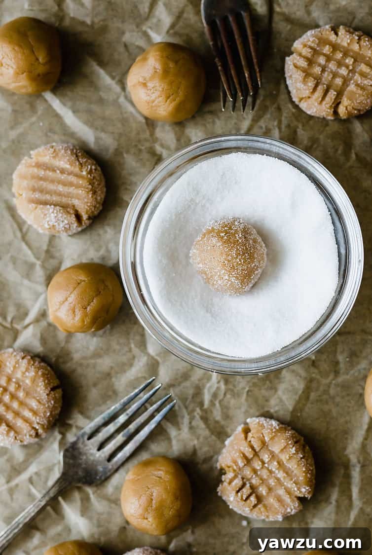 Peanut butter cookie dough balls, perfectly shaped and rolled in a bowl of granulated sugar, ready for baking.