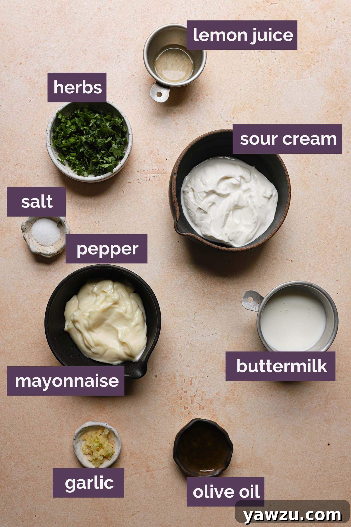 Ingredients for ranch dressing with buttermilk prepped and labeled.