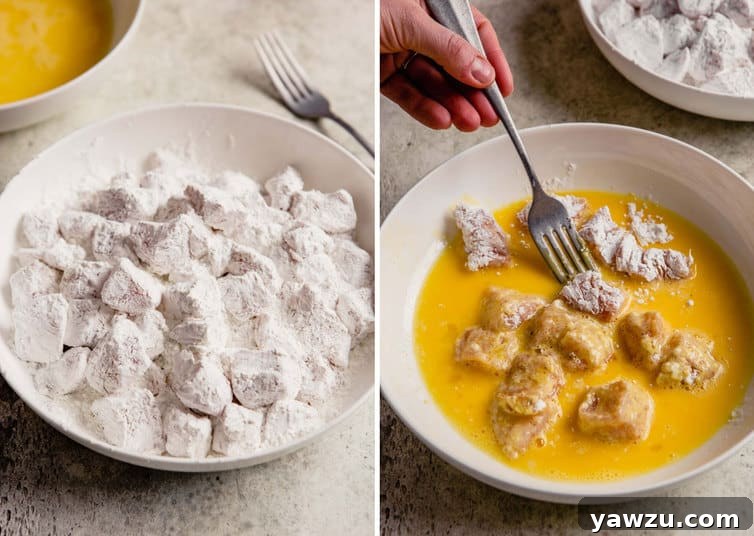 Side-by-side images illustrating the crucial steps of preparing chicken for sweet and sour: first, coating in cornstarch for crispness, then dipping in beaten egg for adherence and texture.
