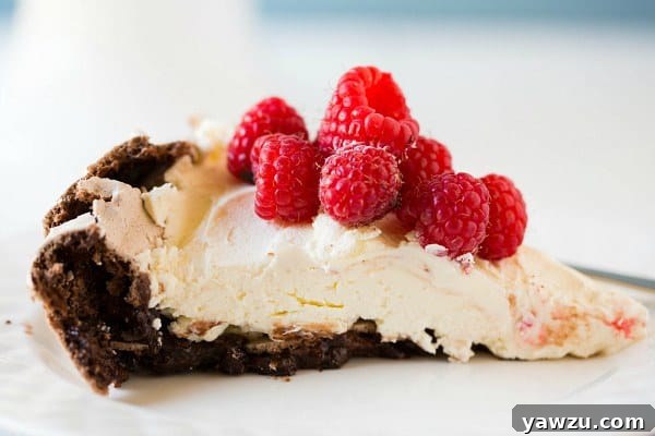 Overhead view of Chocolate Pavlova dessert with fresh raspberries