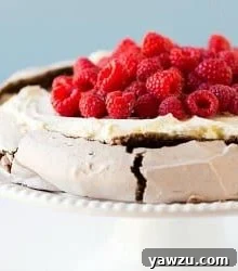 Chocolate Pavlova ready to be served, topped with cream and berries