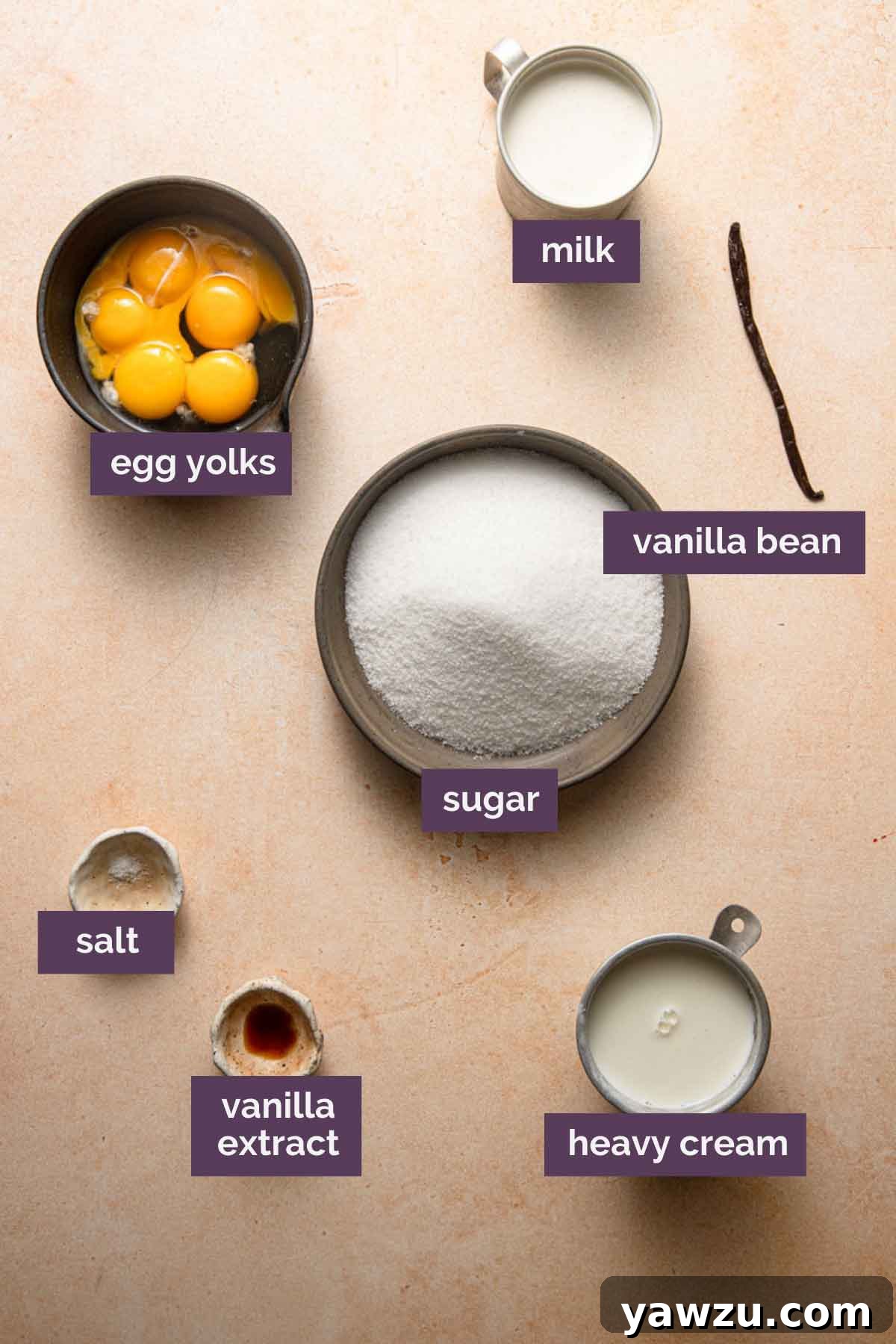 Ingredients for homemade vanilla ice cream prepped and labeled.