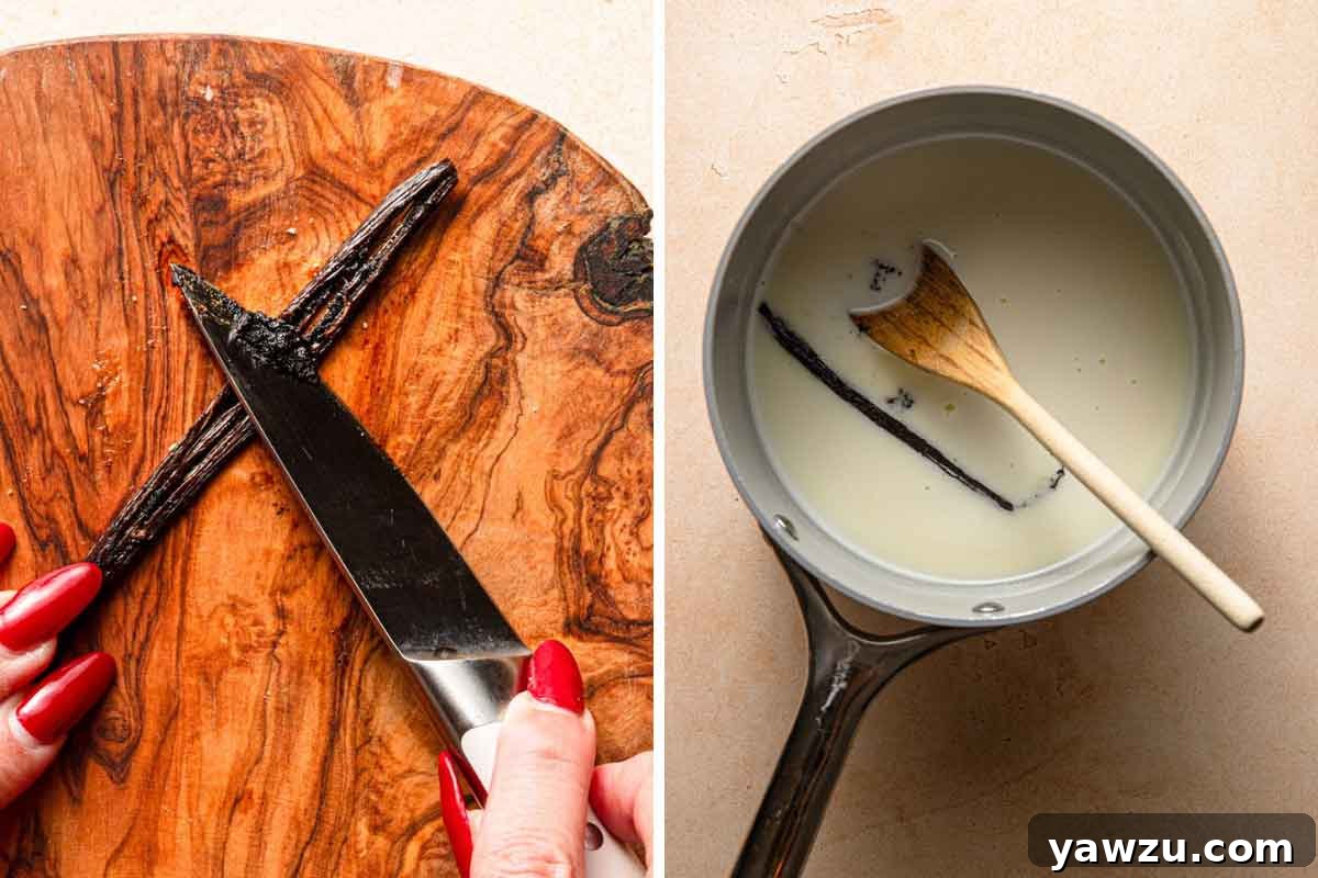 Photo of using a knife to scrape out vanilla beans next to a pot with a cream mixture and vanilla pod inside.