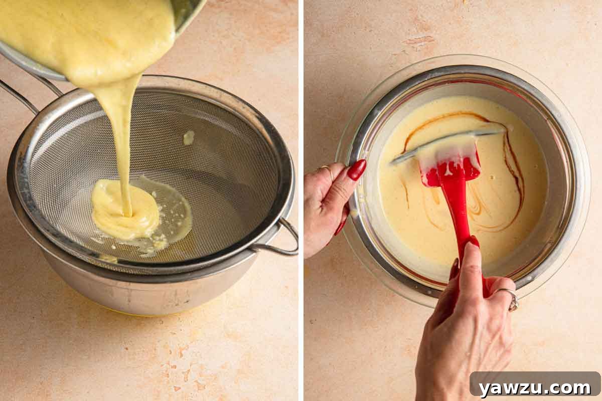 Side by side p hotos of straining ice cream custard mixture and stirring in cream and vanilla bean.