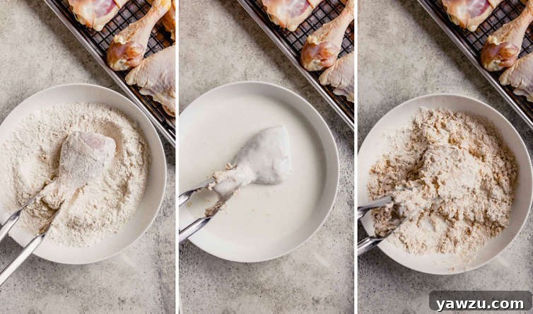 A series of three photos showing chicken in flour in the first photo, dunked in buttermilk in the second photo, and in the shaggy dredging in the third photo.