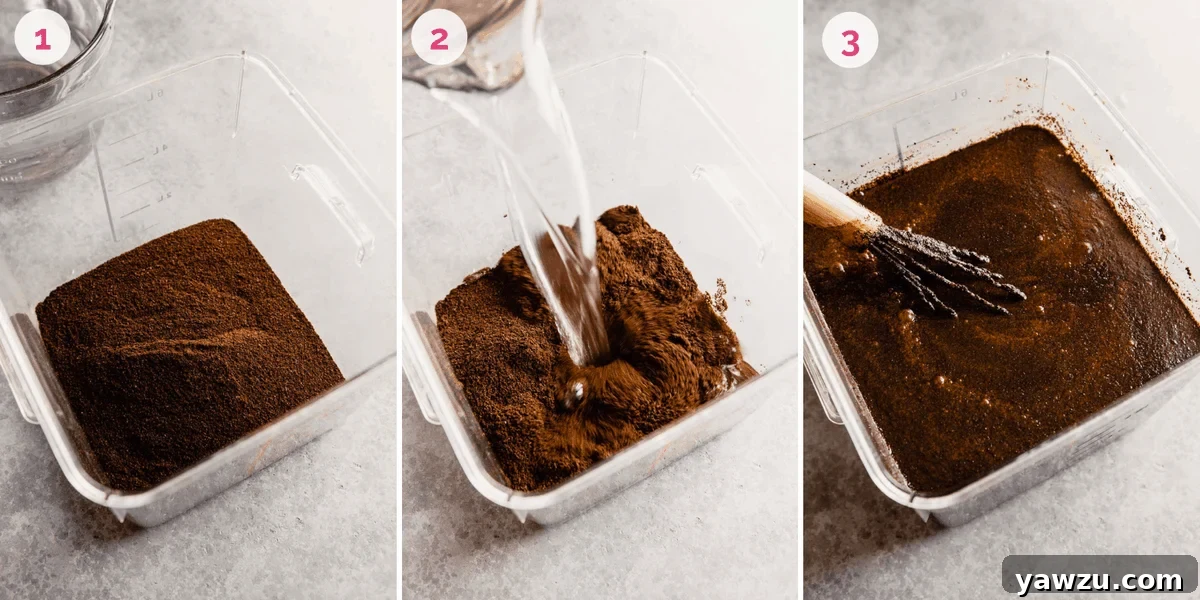 Three sequential photos showing the process of combining coffee grounds and cold water for brewing iced coffee.