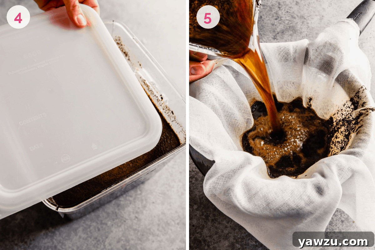 Two side-by-side photos demonstrating the straining process of cold brew coffee through a sieve and cheesecloth.