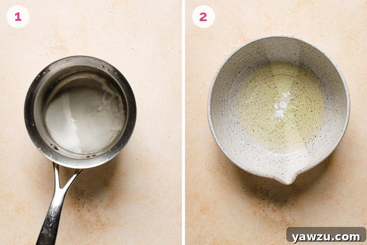 A saucepan on the left with the number 1 in the corner and a mixing bowl with egg whites on the right with the number 2 in the corner.