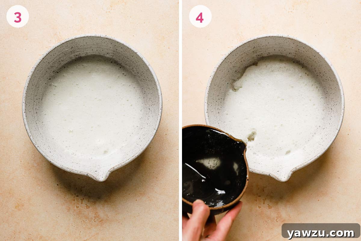 A mixing bowl with stiff egg whites on the left with the number 3 in the corner and a mixing bowl on the right with the boiling sugar being poured in with the number 4 in the corner.