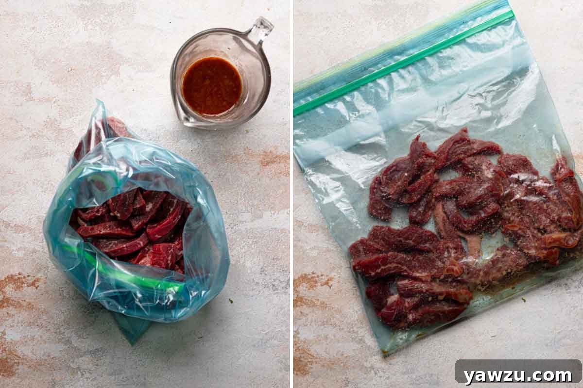 Photo of flank steak with marinade in a gallon ziploc bag, showing even coating.