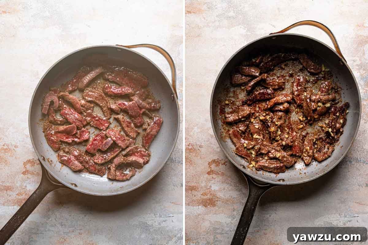 Two photos of flank steak being seared to perfection in a hot pan with aromatic garlic and ginger.