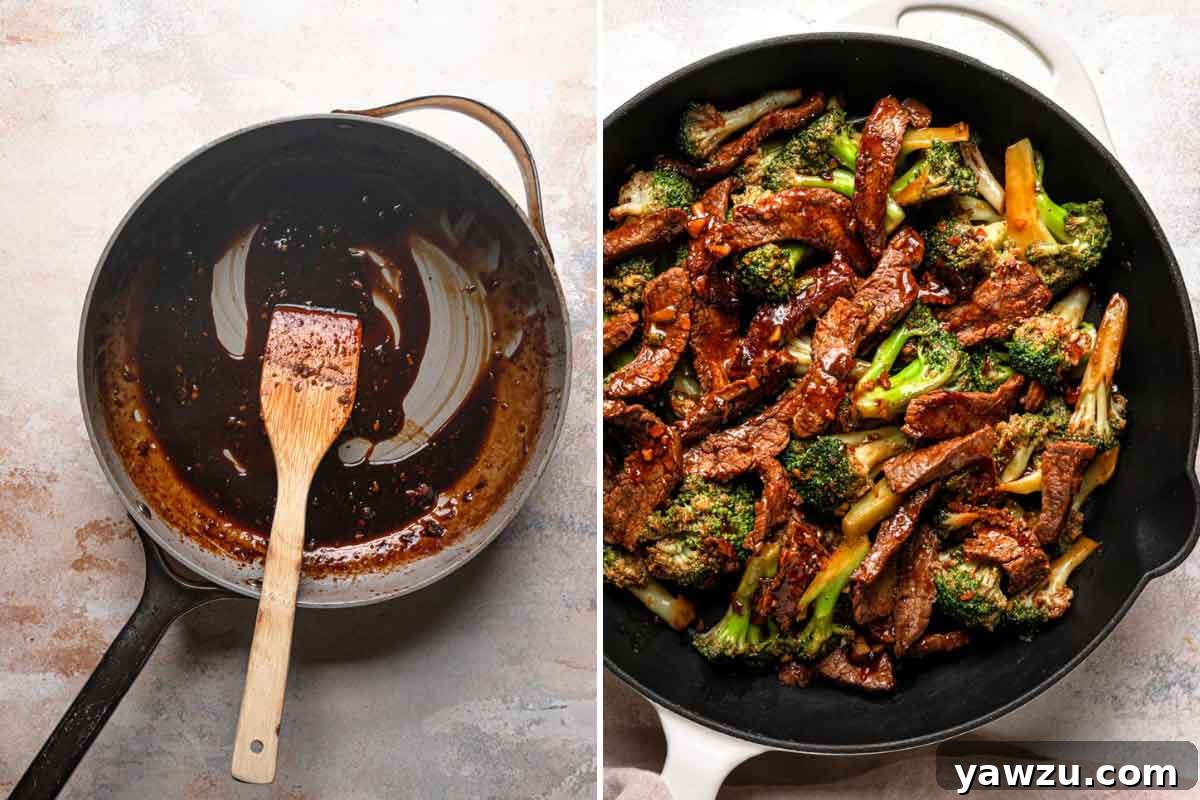 Side by side photos of beef and broccoli sauce being made, showing the liquid sauce transforming into a thickened, glossy finish.