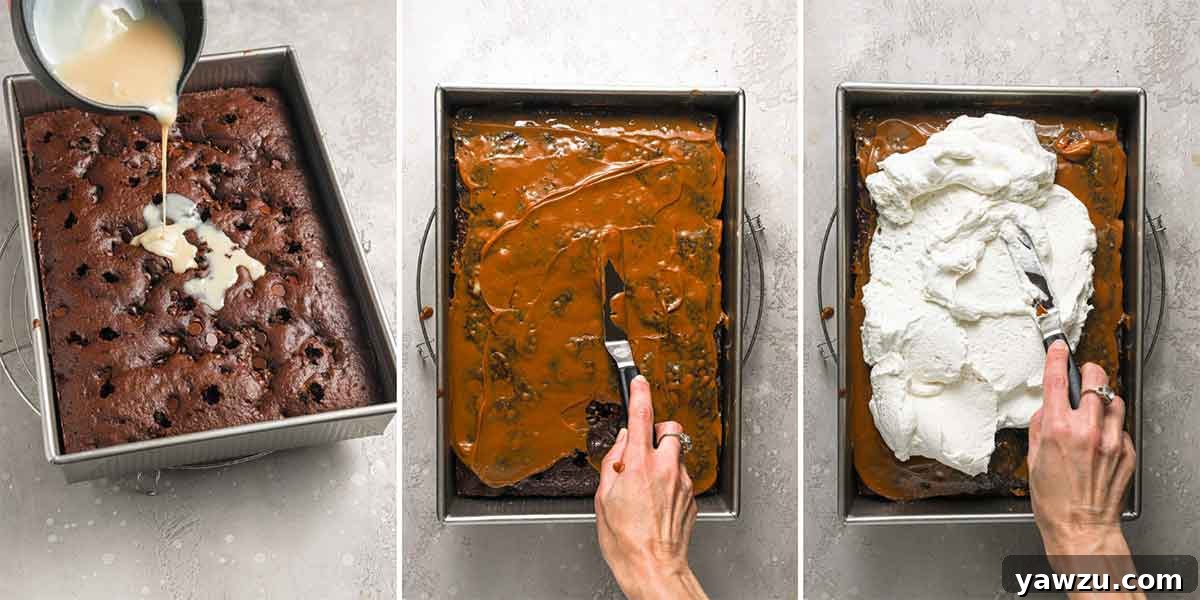 Three photos side-by-side showing sweetened condensed milk poured over a cake with holes in it, then caramel spread on top, and whipped cream spread on top of caramel.