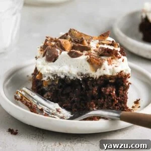 A top-down view of the Better Than Anything Cake, showing its layers of whipped topping and crushed Heath bars, in a serving dish.