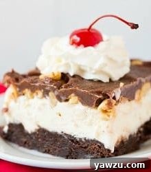 Frozen Brownie Sundae with chocolate, ice cream, and peanuts