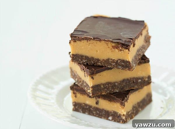 Close-up view of a perfectly cut Peanut Butter Nanaimo Bar, highlighting the distinct base, filling, and topping