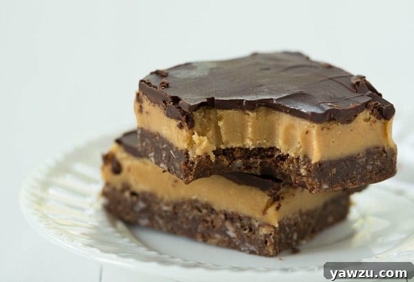 A plate of Peanut Butter Nanaimo Bars cut into neat squares, ready to be enjoyed