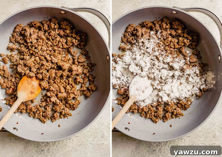 Side by side photos of breakfast sausage in a pan with a wooden spoon on the left and the flour topping the sausage in a skillet with a spoon on the right, showing the roux making process.