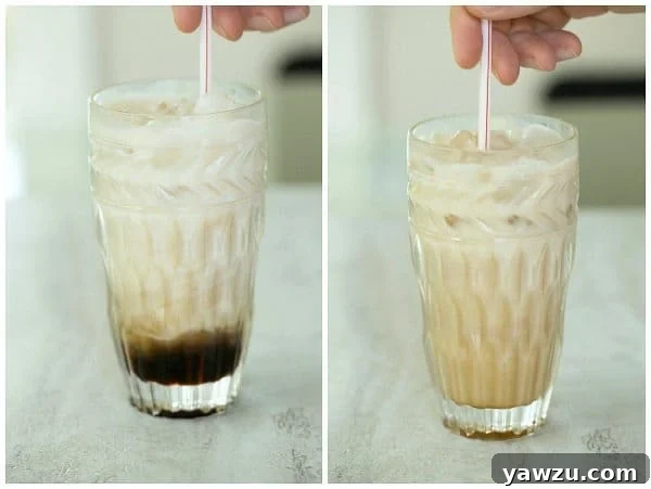 A perfectly stirred Chocolate Italian Cream Soda, adorned with whipped cream, ready for a refreshing sip.