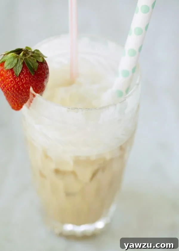 A close-up of a beautifully presented Chocolate Italian Cream Soda, highlighting its rich color and creamy texture.