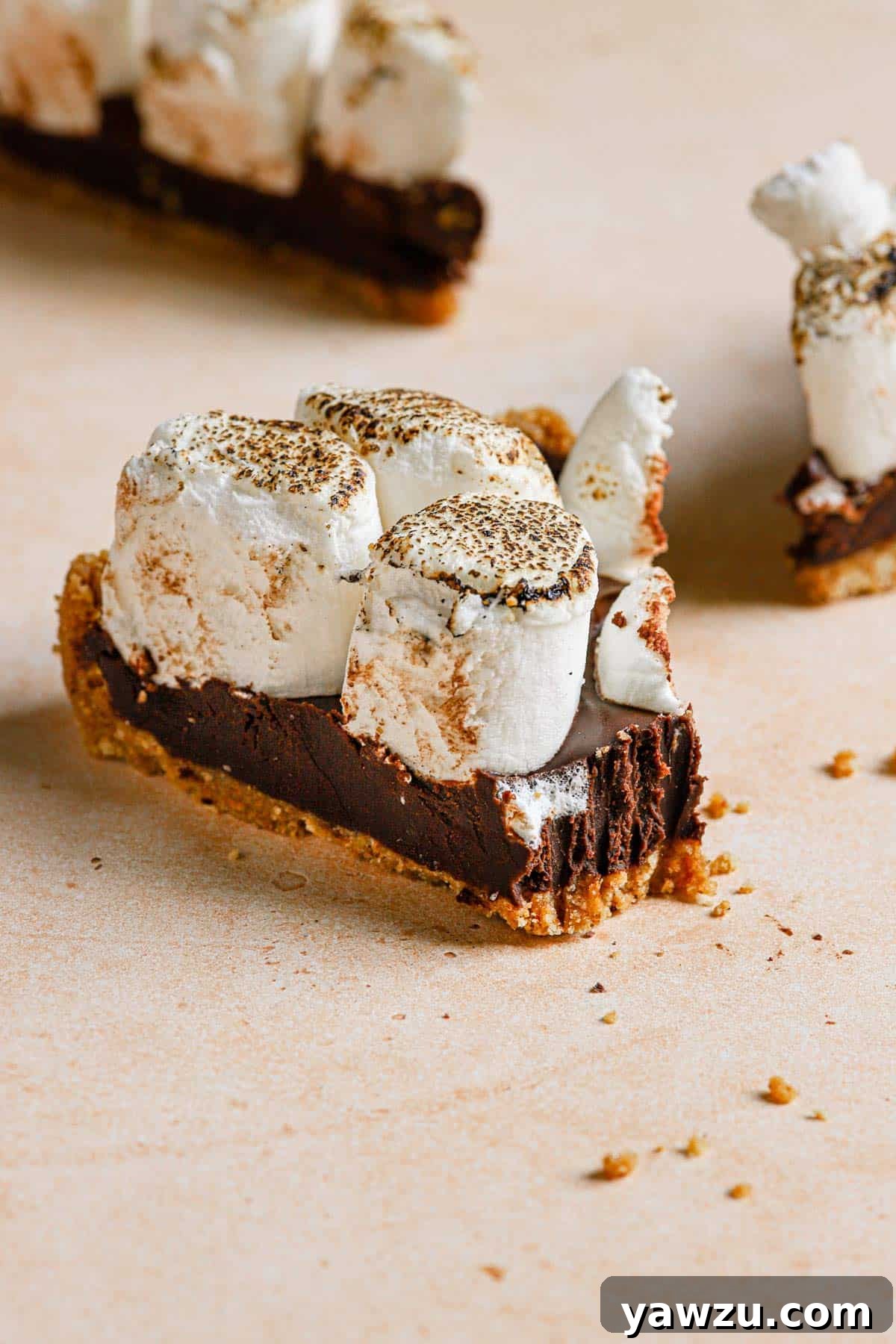 A slice of no-bake s'mores pie on a counter with a bite take out and more slices in the back.