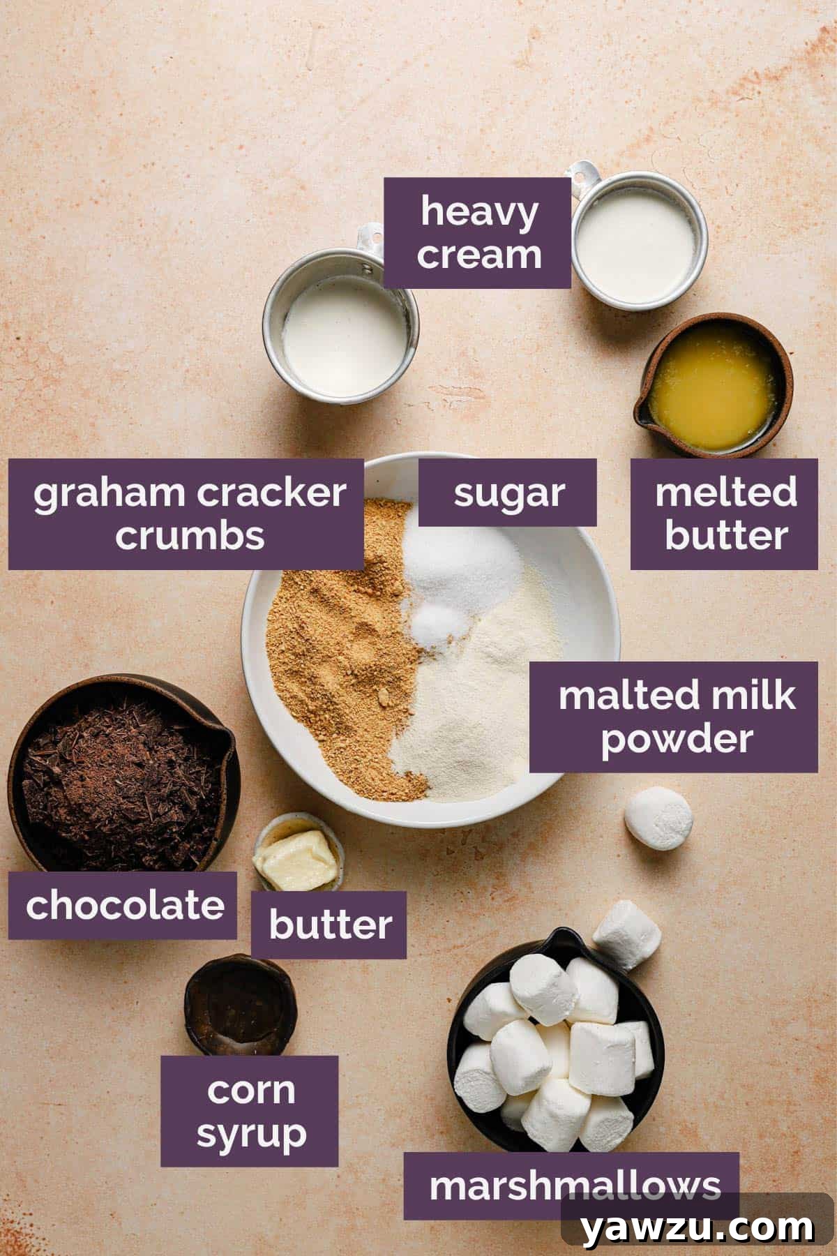 The ingredients for s'mores pie on a peach counter with purple labels for each ingredient.