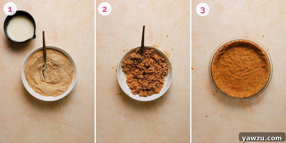 Three side by side photos of the steps for making the graham cracker crust.
