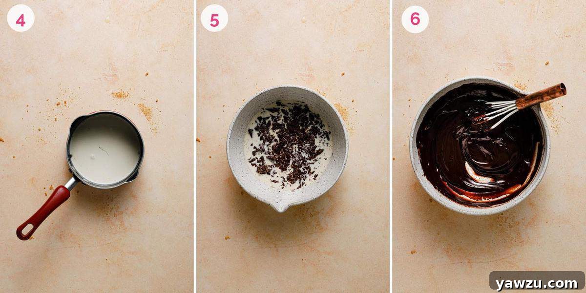 Three side by side photos of making the chocolate ganache filling.