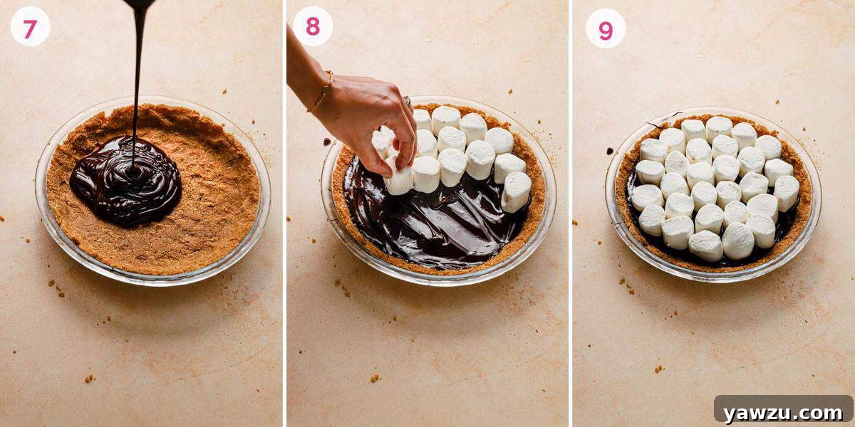 Three side by side photos of assembling the no-bake s'mores pie.