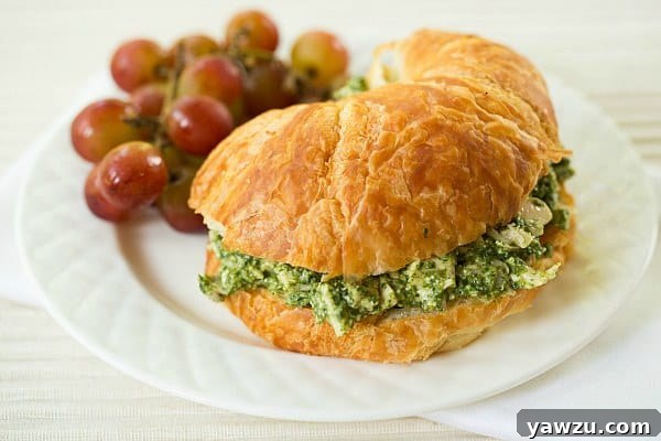 Pesto Chicken Salad on a croissant, showcasing fresh ingredients and vibrant colors.