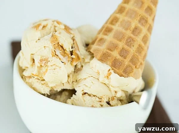 Close-up of creamy homemade peanut butter ice cream, showing its smooth texture and rich color.