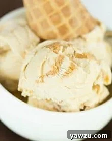 A scoop of homemade peanut butter ice cream in a bowl with a spoon.