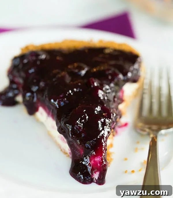 A slice of homemade Blueberry Cheesecake Pie, revealing its creamy layers