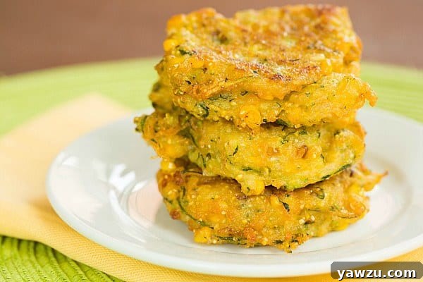 Close-up of freshly fried Zucchini-Corn Fritters, showing corn kernels and coarse cornmeal texture.