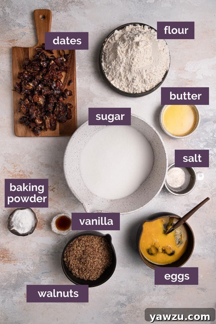 Ingredients for date bars, prepped and labeled, showcasing fresh Medjool dates and finely ground walnuts.