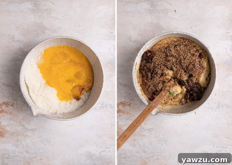 Stirring together dough for date bars in a mixing bowl, showing the incorporation of dates and walnuts.