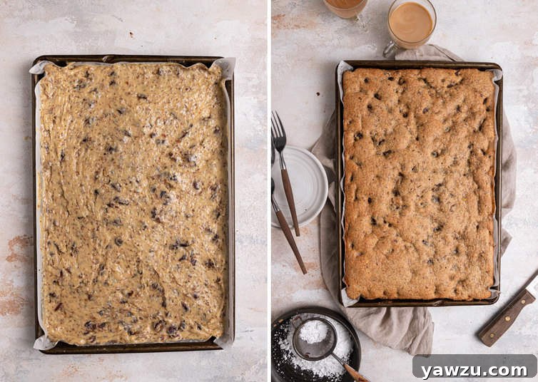 Date bar dough spread evenly in a pan before baking, and a second image showing the golden-brown baked bars, ready for slicing.