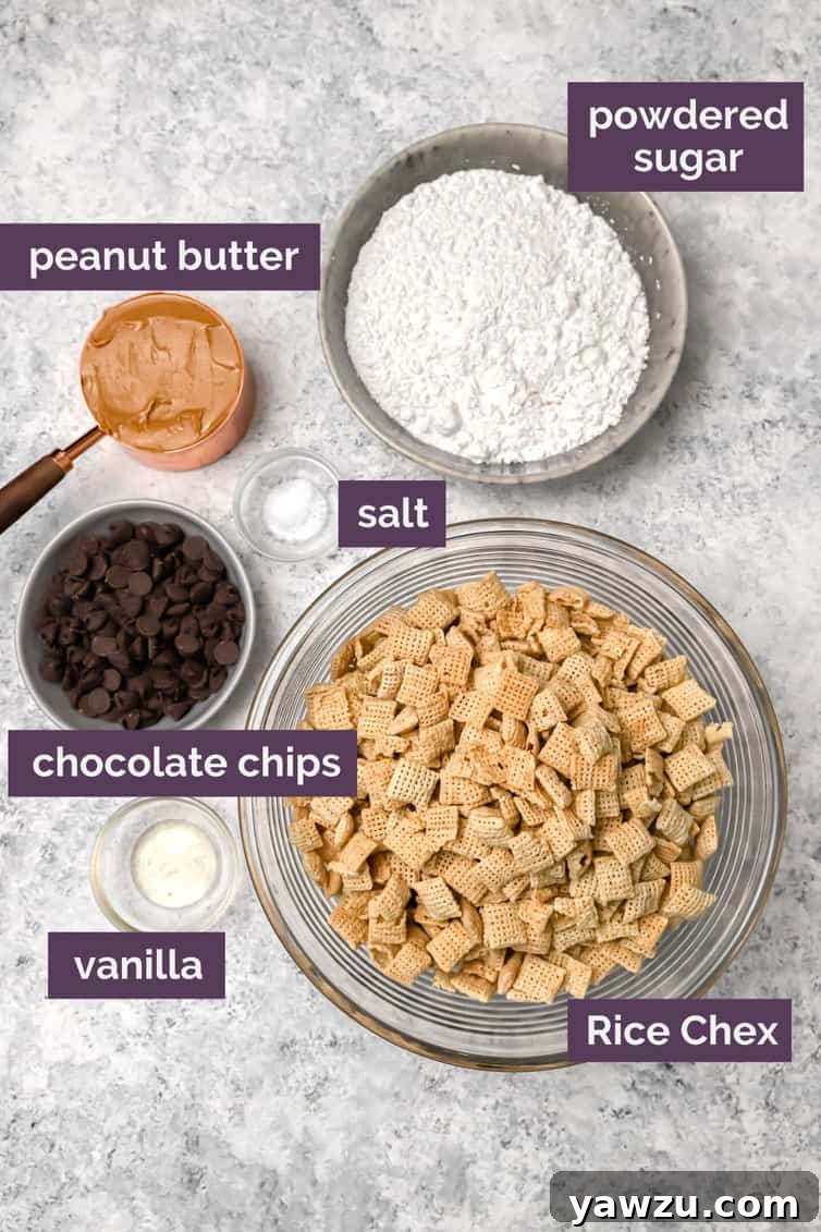Ingredients for the best Muddy Buddies recipe, including Rice Chex, semisweet chocolate chips, creamy peanut butter, and powdered sugar, prepped in separate bowls on a wooden surface.