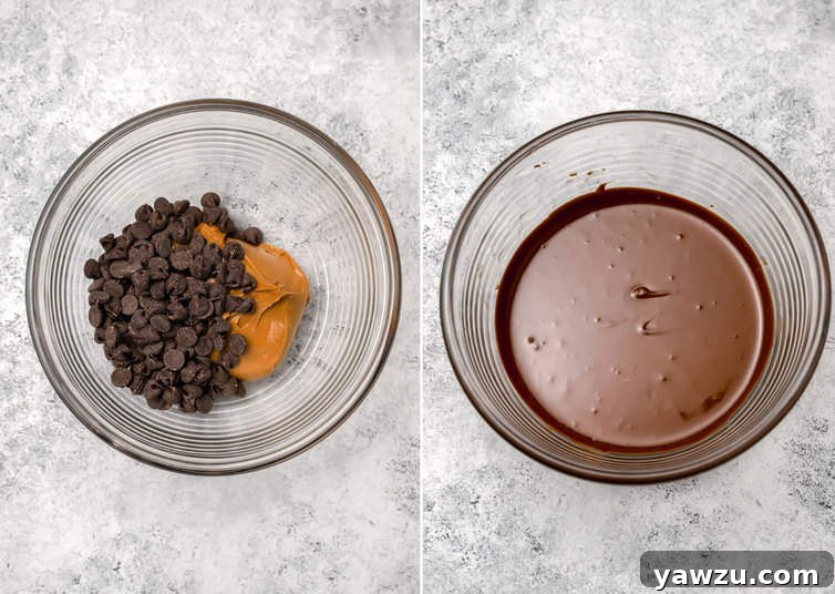 Two separate bowls containing carefully melted semisweet chocolate chips and smooth creamy peanut butter, ready to be combined for Muddy Buddies coating.