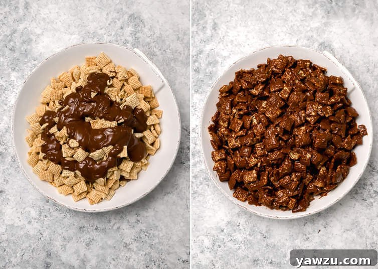 Crispy Rice Chex cereal squares evenly coated with a melted chocolate and peanut butter mixture, before being tossed in powdered sugar.