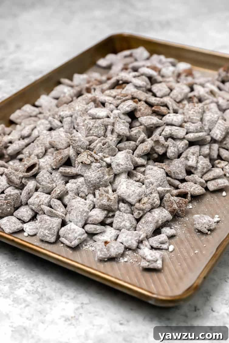 Freshly made Muddy Buddies, beautifully coated with powdered sugar, spread out in a single layer on a wax-paper lined baking sheet to cool and set.