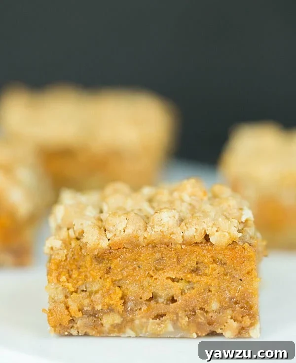 Delicious Pumpkin Pie Oatmeal Crumb Bars with a golden oat topping, perfect for fall