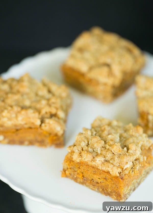 Close-up of a stack of Pumpkin Pie Oatmeal Crumb Bars, showing the distinct layers