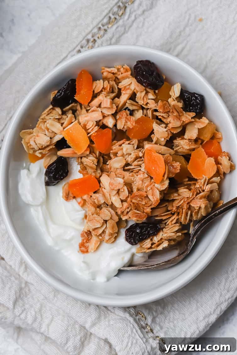 A beautiful bowl of homemade granola topped with dried fruit and fresh berries, ready to be enjoyed with yogurt.