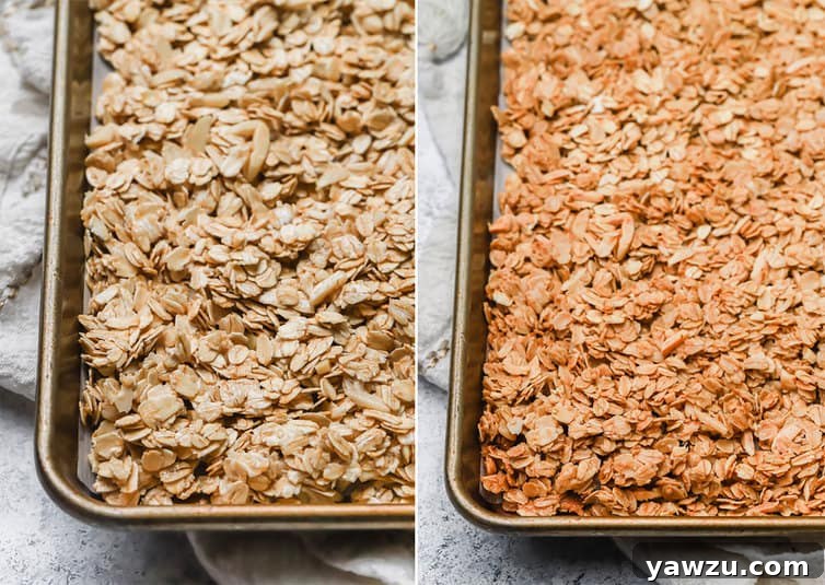 A side-by-side comparison of granola on a baking sheet, showing the mixture before baking and after it has turned golden brown and clumpy.